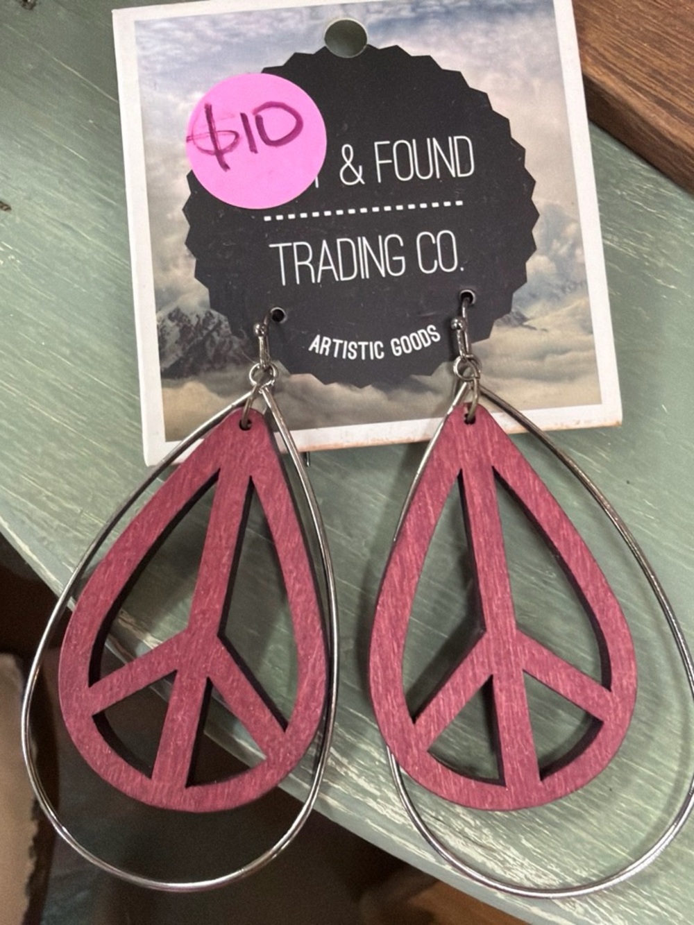 Found & Found Trading Co. Pink Peace Sign Teardrop Earrings